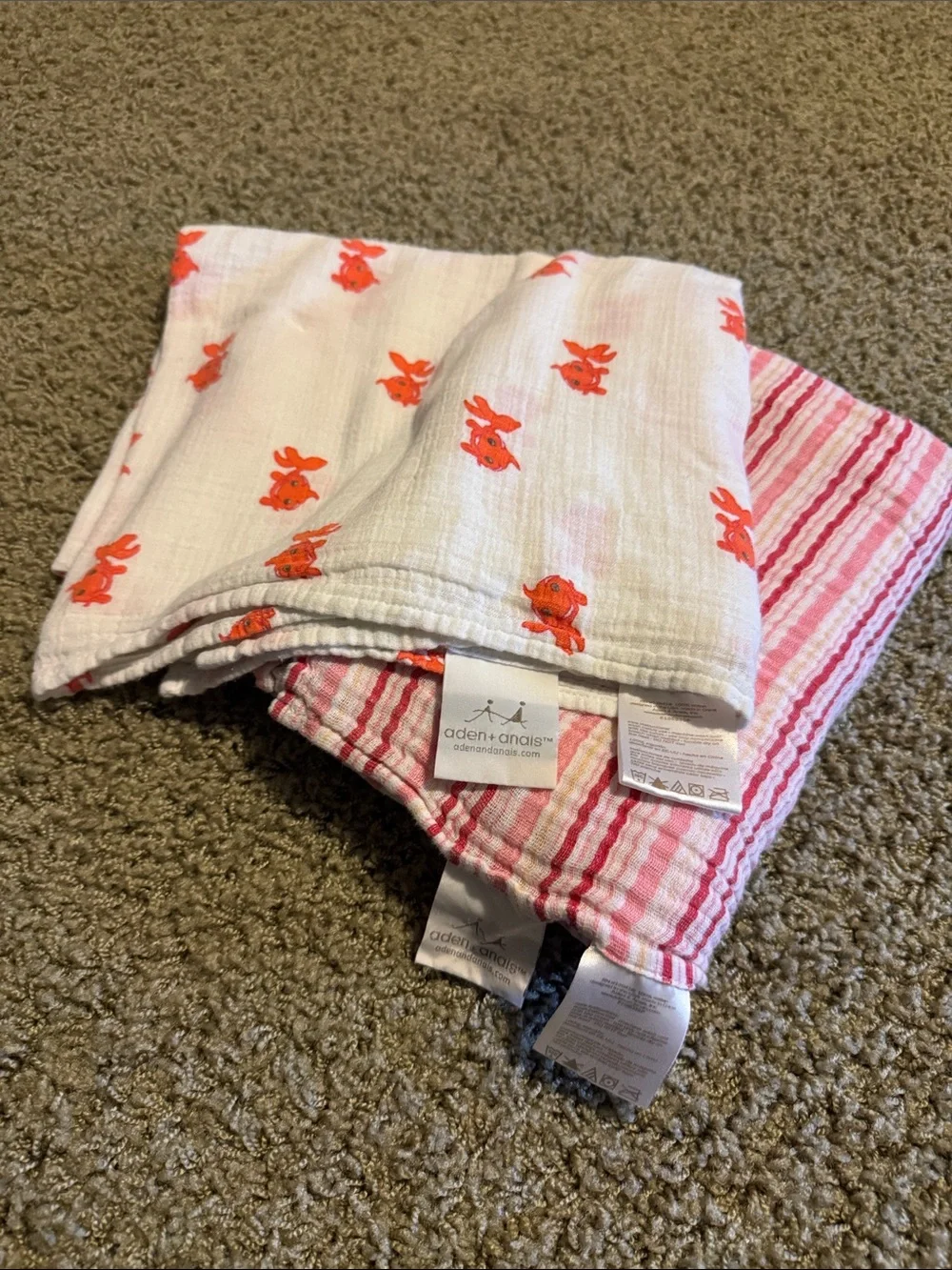 aden + anais White Muslin Diaper Covers with Orange Fish and Pink Stripes